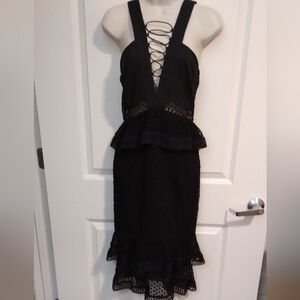 PrettyLittleThing Rhea Black Premium Laceup Frill Midi Dress